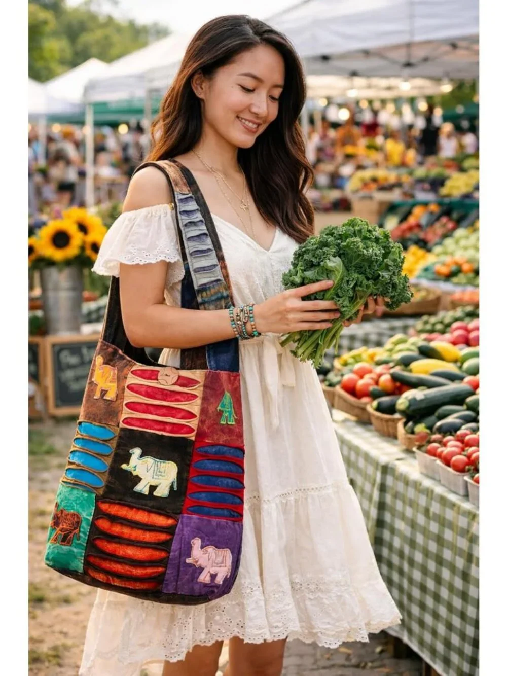 Colorful Boho Shoulder Bag for Women - Sling Slouchy Hippie Style (Elephant